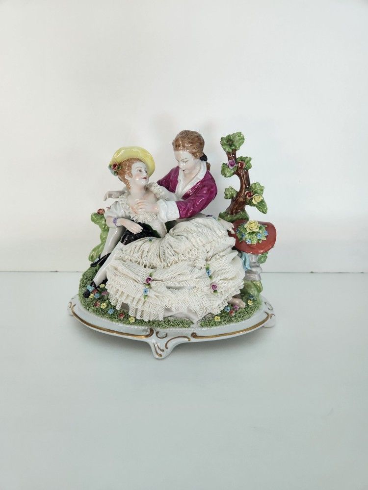 Unterweissbach Dresden lace porcelain figure young lovers, Height 8" x Width 9" x Depth 6
25"