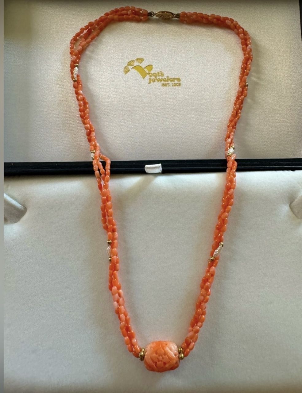 Stunning Vintage Vogt's Coral, Rice Pearl & 14k Necklace
