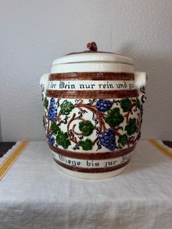 Vintage German Pottery Concord Grapes Vine Leaves Accents Canister W/ Lid