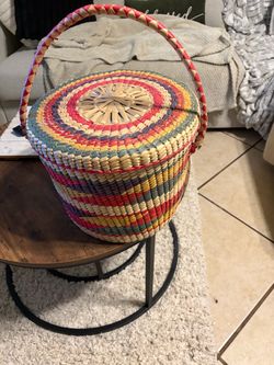 Multicolor Woven Basket with Lid and Handle