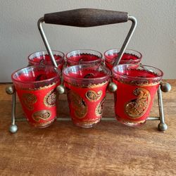 Vintage Mid-Century Culver Red & 22K Gold Paisley Barware Set with Caddy (7 Pieces)