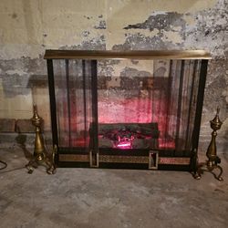 Vintage Victorian Brass Fireplace Frame/ with Federal Style Brass Andirons & Electric Glowing Logs Insert 