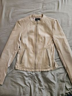 Express faux leather Moto Jacket Beige Cream Fitted Biker Zip Coat Women's sz S