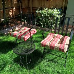 Pair of Outdoor Patio Reclining Metal Chairs w Table w Cushions