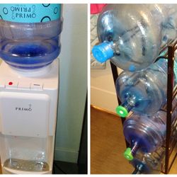 Primo Hot And Cold Water Dispenser With Four Five Gallon Bottles And Bottle Holder