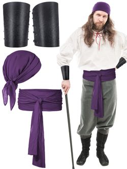 Renaissance Pirate Accessories Purple Head Wrap Belt and Cuffs Halloween Costume -Disfraz de Pirata