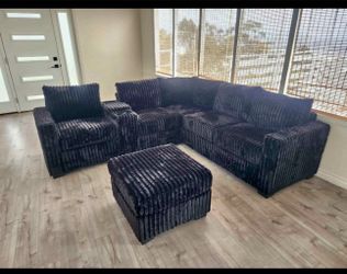 Jumbo corduroy couch new in box,console,charger station,cup holders