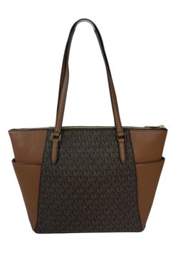 Michael Kors Charlotte Large Logo and Leather Top-Zip Tote Bag, Brown