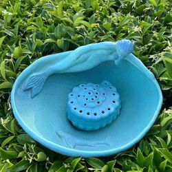 Van Briggle pottery Turquoise Siren of the Sea bowl and flower frog 