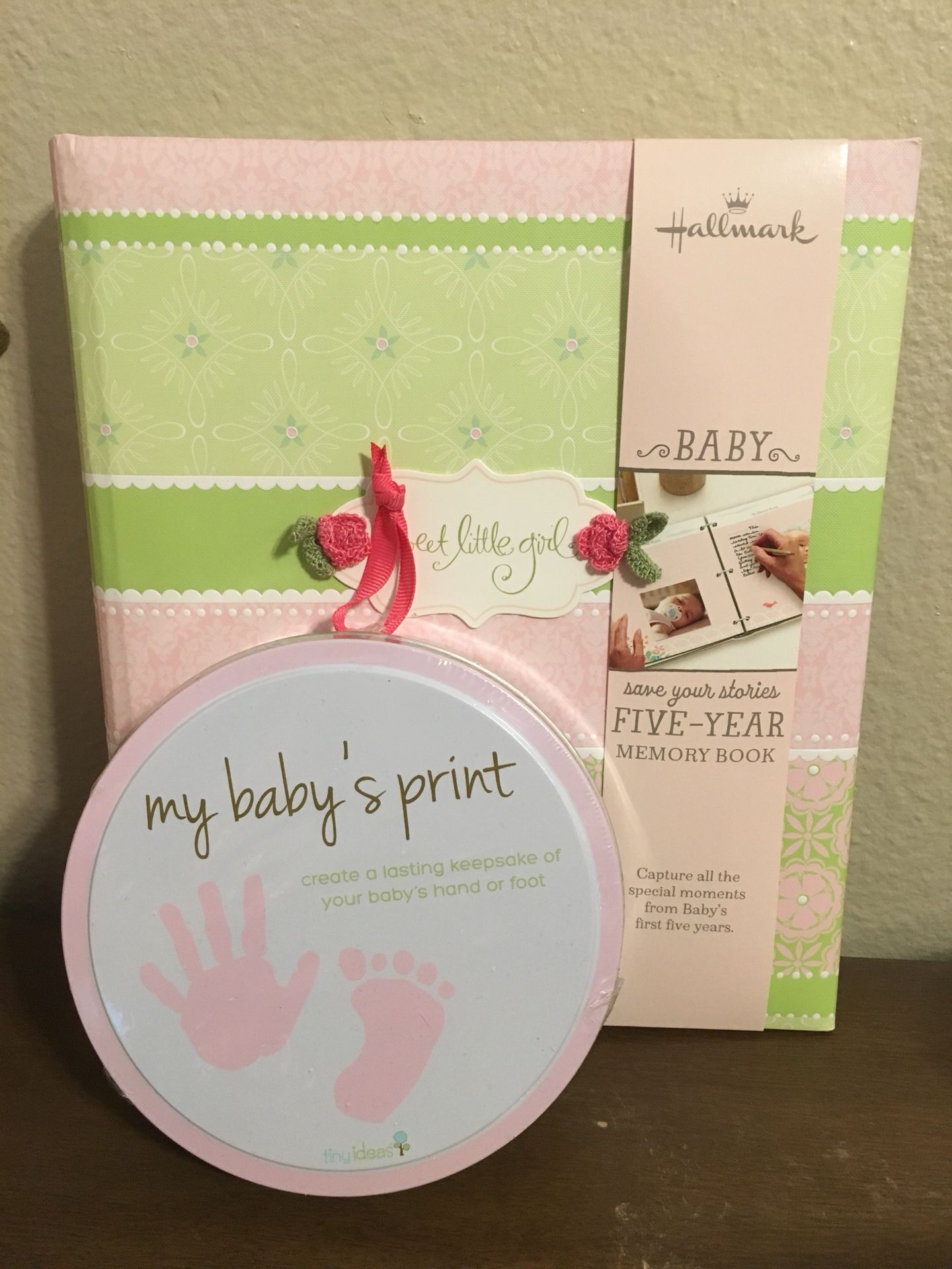 NEW Baby book, hand print and diapers gift set
