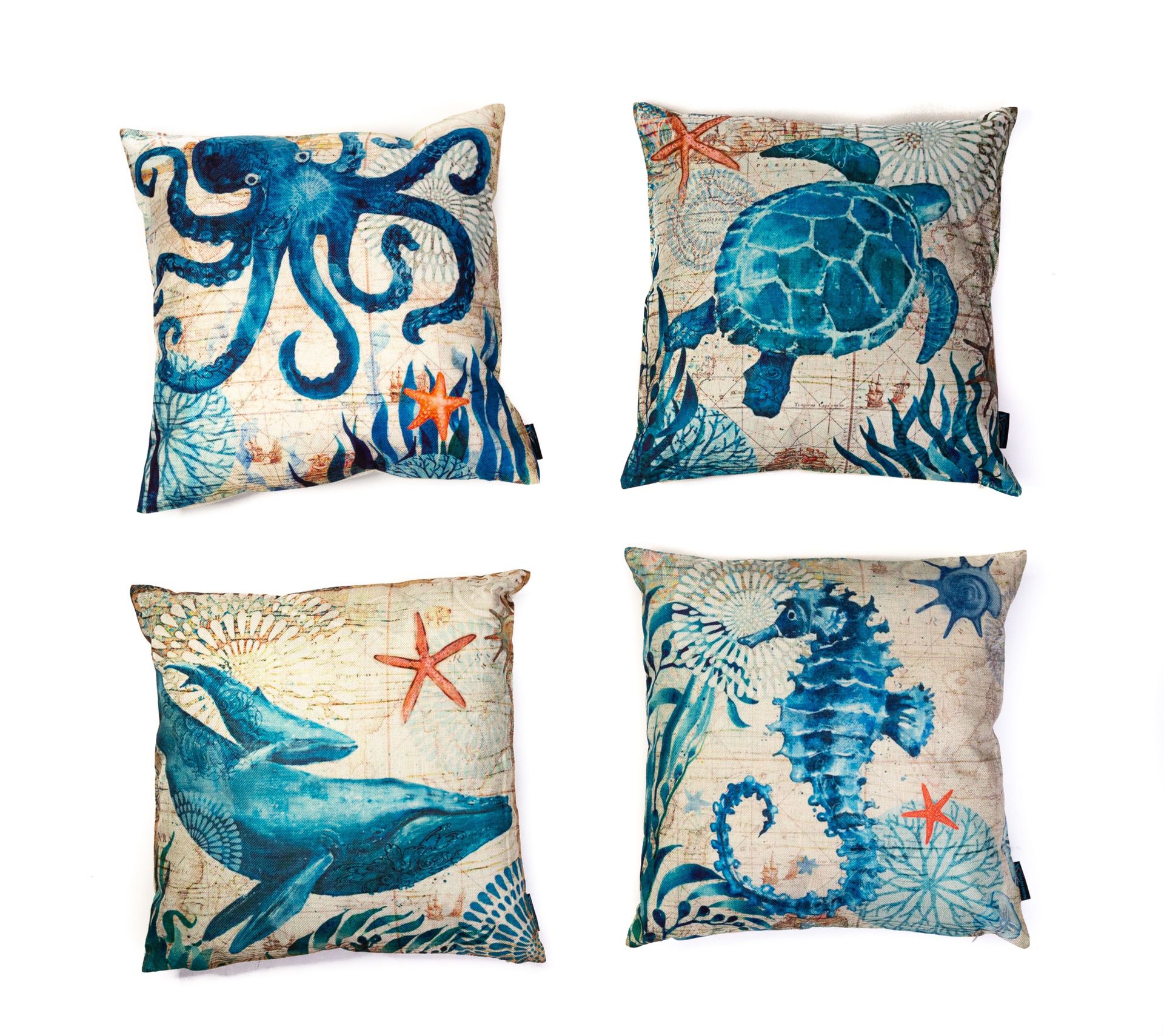Sea Life Throw Square Cushion Cover | Pack Of 4 | Mediterranean Style Pillow Cases | Blue Ocean Theme | Cotton-Linen Fabric | Home Décor | 18” x 18” |