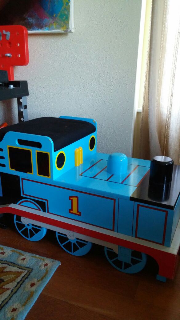 Wooden Thomas the Train Toy Box with removable lid and fabric seat
