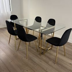 Black Gold Modern Velvet Glass Dining Set 
