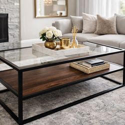 🖤 Modern Glass Coffee Table w/ Wood Shelf – $45