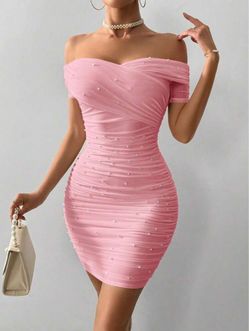 Pink Off-Shoulder Ruched Bodycon Mini Dress