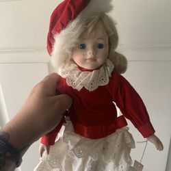 Blonde Porcelain Christmas Blonde Doll With Removable Hat And Cute Blonde Curls!