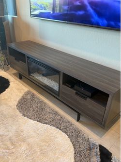 Modern Grey Wood Grain TV Stand with Electric Fireplace