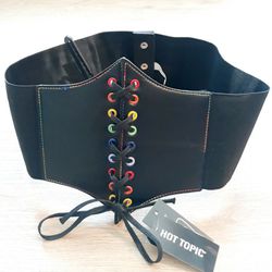 NEW - Hot Topic Faux Leather Rainbow Grommet Lace Up Corset - Size Large / Extra Large
