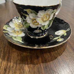 Aynsley Footed Cup & Saucer Set Black Dogwood Bone China England 1930s
