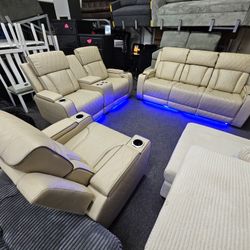 Brand New 3 Pcs Sofa Set Power Recliner, Faux Leather Cream W/ LED LIGHT $1899