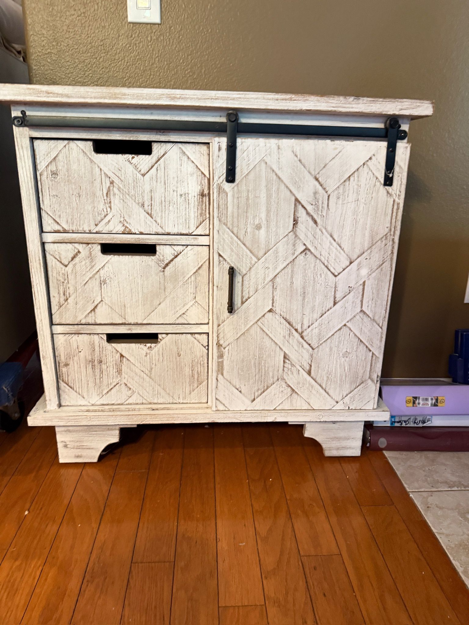 Rustic Barn-Style Cabinet / Side Table / Storage Unit - Distressed White Finish