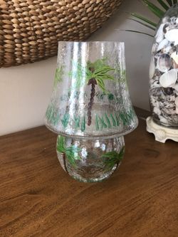 Palm Trees Hand Painted Glass Candle Holder 10"