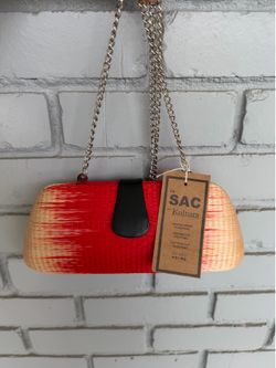 Le SAC Kultura Philippines Woven Straw Clutch Purse Red Cream Chain Handmade NWT