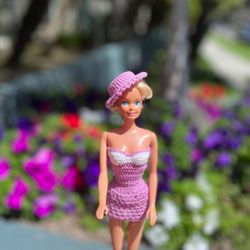 Crocheted Purple Mini Dress & Hat for Barbie – Handmade – New
