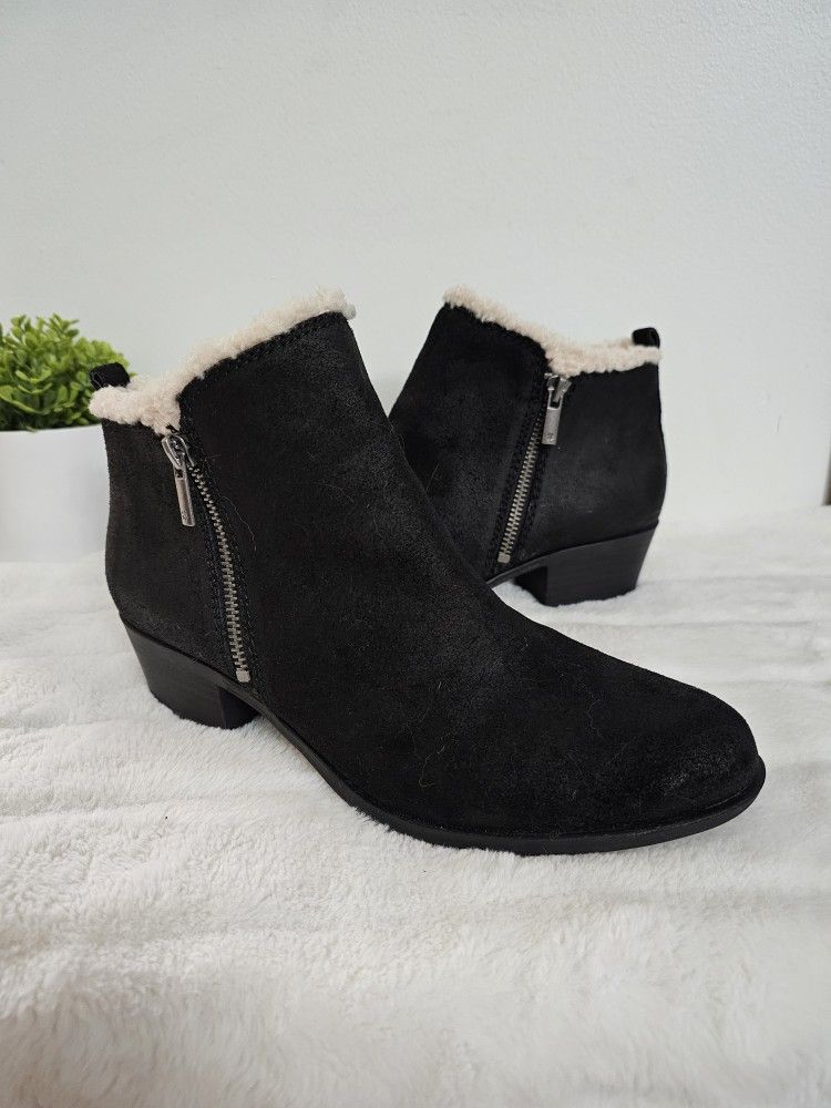 Lucky Brand Black Shearling Lined Dual Zip Leather Basel Booties Size 8.5