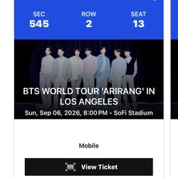 4x BTS Concert WORLD TOUR 'ARIRANG' IN LOS ANGELES Sunday, Sep 06, 2026, 8:00 PM SoFi Stadium Tickets