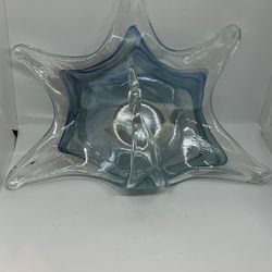 VTG. 15” HAND BLOWN FREE FORM STRETCHED ART GLASS CONSOLE BOWL SWIRLED BLUE RARE