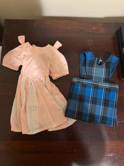 2 Piece Unbranded American Girl Doll Style Clothes - Pink Dress & Plaid Jumper