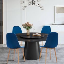 Set of 4.Dining Kitchen Velvet Cushion Seat, Upholstered Back and Metal Legs, Modern. Blue