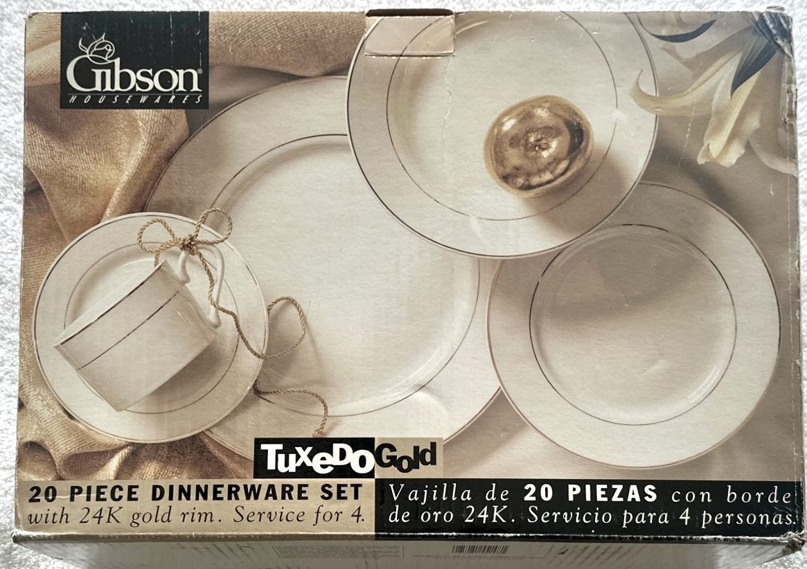 20 Piece Fine China Dinnerware Set-Tuxedo 24K Gold-Service for 4 by Gibson -Vintage-New in box! Read description.