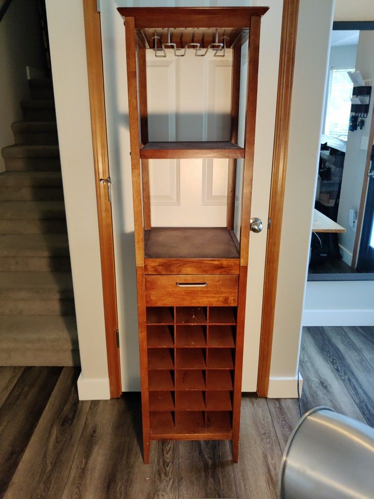 Tall Wood Wine Rack Tower – 20-Bottle, Glass Holder & Drawer, Slim Bar Cabinet - Home Kitchen