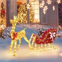 Lighted Christmas Reindeer & Sleigh Set, Pre-lit Outdoor Christmas Décor w/ 360 Warm White LED Lights For Front Yard, Porch, Indoor Decoration