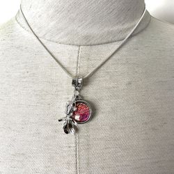Silver Tone Pink Disc Fish Charm Necklace 