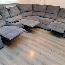 Grey Sectional L Shaped  Couch , 3 Reclining Seats, Cloth