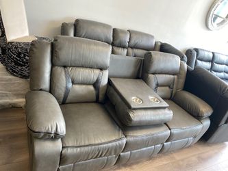 Reclining grey sofa and loveseat
