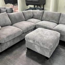 New 99x99 Corduroy Sectional Couch With Ottoman / Free Delivery 