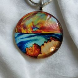 Golden Sky With Mountain River Scenery Pendant Necklace.
