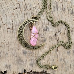 Pink Aura Quartz Crescent Moon Necklace 