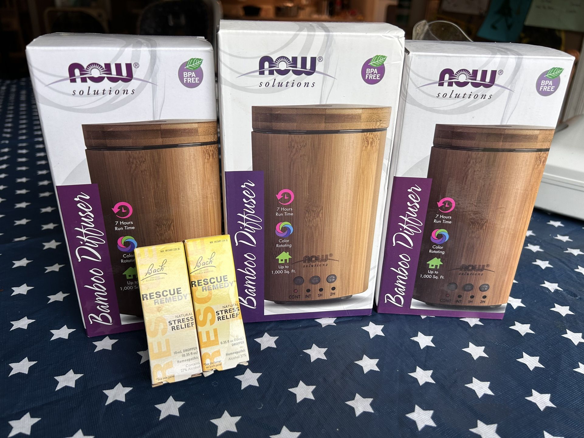 Three New Bamboo Diffusers by Now Foods Solutions with Stress Relief Diffuser Oil
