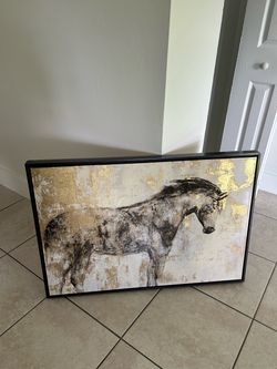 Large Modern Canvas Equestrian  Wall Art Gold Foil Framed Blk Gold Contemporary 37x25