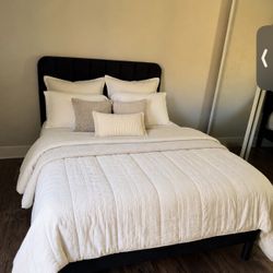 Full-Size Black Upholstered Bed Frame with Headboard