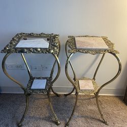 Pair Vintage Brass Marble Table  For Sale 