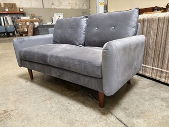 Contemporary Grey Velvet Loveseat with Button Tufted Back Cushions and Modern Tapered Wooden Legs