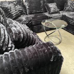 Custom Made Black Plush 4pc Sectional wide chaise 12x8x6 $1,599 Was $2499
