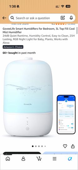 GoveeLife Smart Humidifiers for Bedroom, 3L Top Fill Cool Mist Humidifier 24dB Quiet Runtime, Humidity Control, Easy to Clean, 25H Lasting, RGB Night