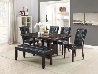 Brand New Espresso & Black 6pc Dining Table Set w Marble Top